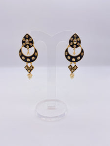 Kundan Earrings - Matte Black Coat with Gold Meenakari Embelishment with Kundan Stones