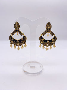 Kundan Earrings - Matte Black Coat with Gold Meenakari Embelishment with Kundan Stones