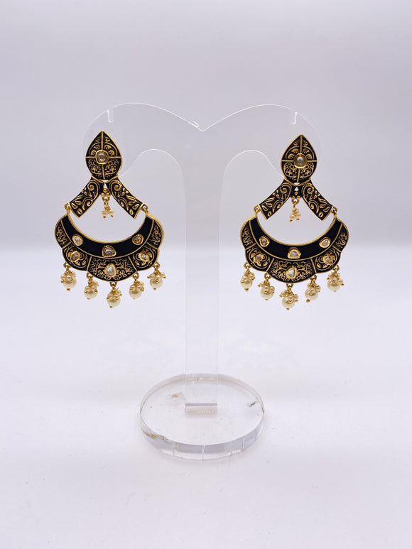 Kundan Earrings - Matte Black Coat with Gold Meenakari Embelishment with Kundan Stones