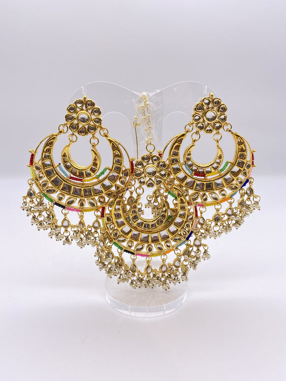 Kundan Earrings - Gold Plated with Silver Kundan Stones - Multicoloured Beadwork - with Tikka