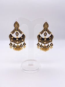Kundan Earrings - Matte Black Coat with Gold Meenakari Embelishment with Kundan Stones and Ivory Pearls