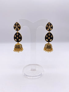 Kundan Earrings - Matte Black Coat with Gold Meenakari Embelishment with Kundan Stones and Ivory Pearls