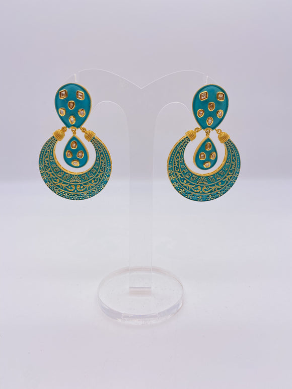Kundan Earrings - Ferozi (Aqua Green) Matte Coat with Gold Meenakari Embelishment
