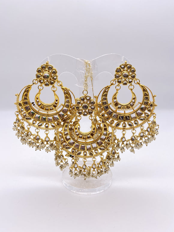 Kundan Earrings - Gold Plated Base with Silver Stones - with Tikka
