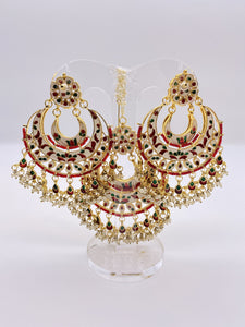Kundan Earrings - Maroon Beads with Silver Stones - with Tikka