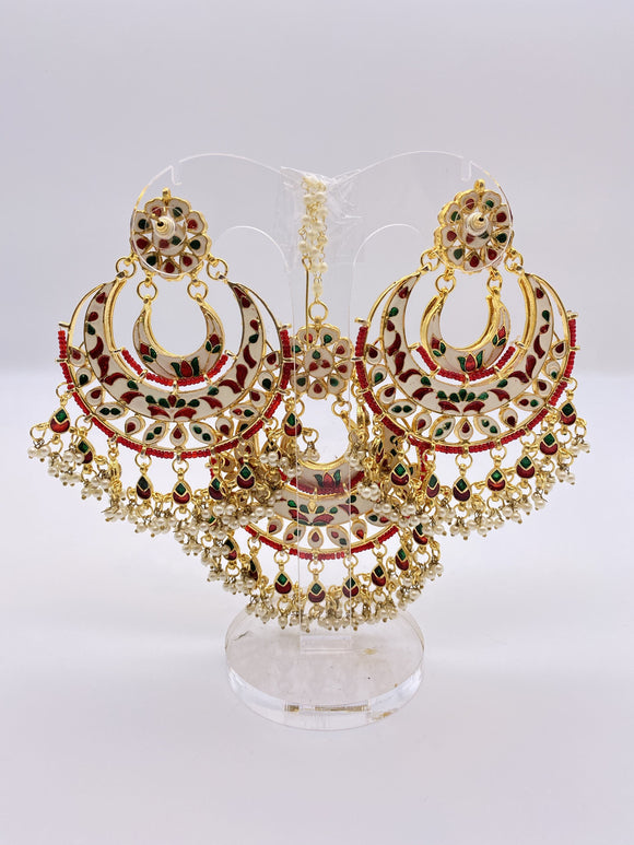 Kundan Earrings - Maroon Beads with Silver Stones - with Tikka