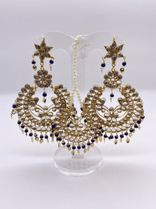 Kundan Earrings - Silver Kundan Stones with Navy Blue Beads - with Tikka