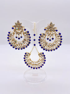Kundan Earrings - Royal Blye Beads with Off-White Pearls with Tikka