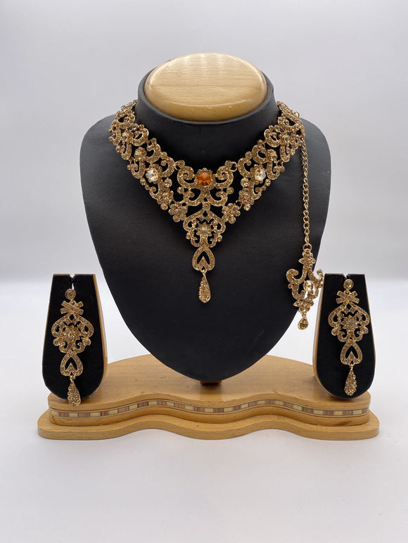 Kids & Adults Pendant Set - Y Shaped Antique Gold Rhinestones with Droplet Earrings