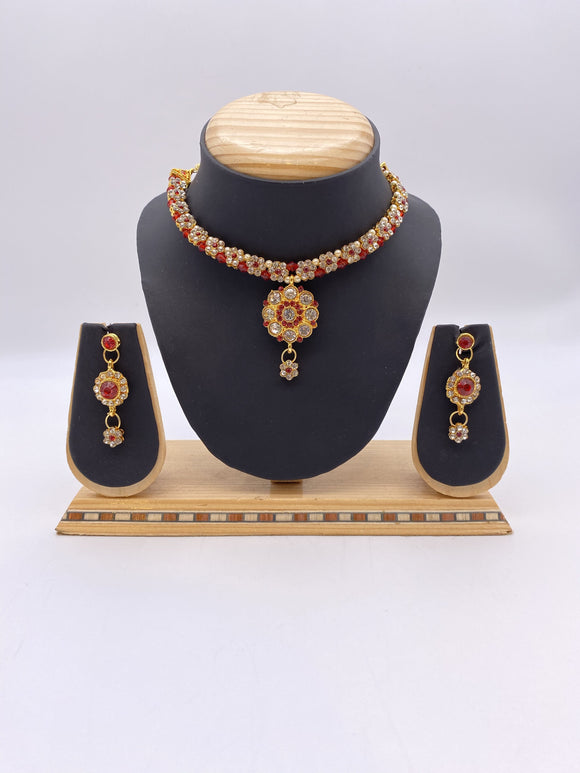 Kids & Adults Pendant Set - Red & Silver Rhinestones with Droplet Earrings