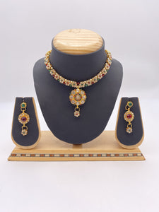 Kids & Adults Pendant Set - Emeralrd Green & Maroon Rhinestones with Droplet Earrings