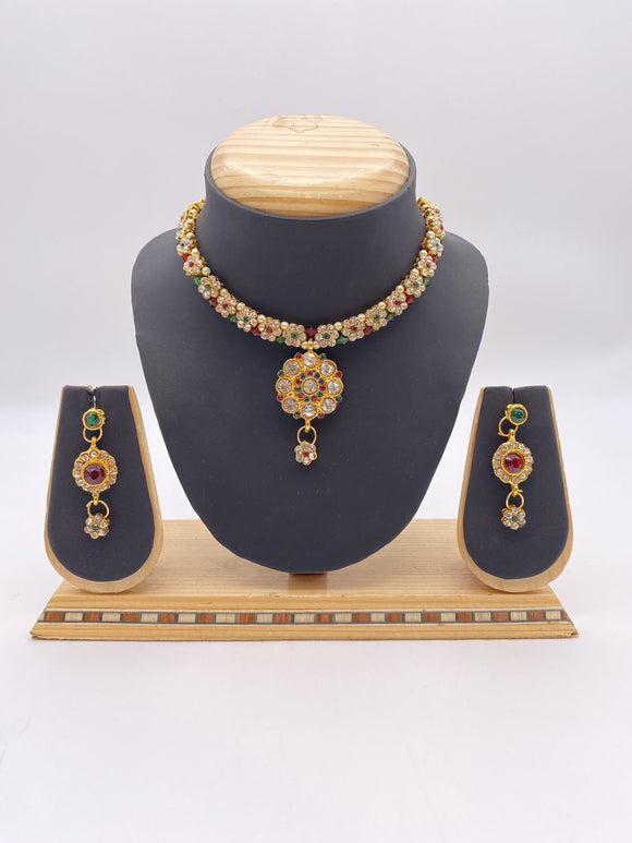 Kids & Adults Pendant Set - Emeralrd Green & Maroon Rhinestones with Droplet Earrings
