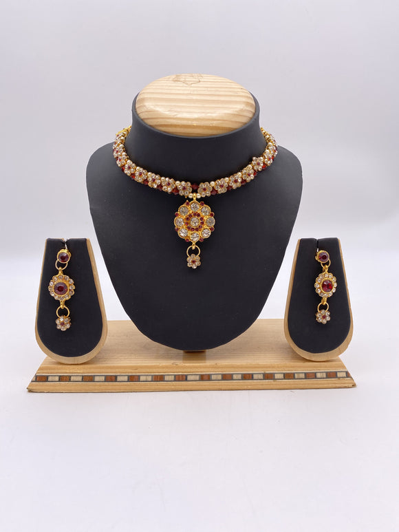 Kids & Adults Pendant Set - Maroon and Silver Rhinestones with Droplet Earrings