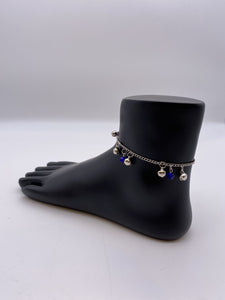 Kids Anklet in Silver Base Chain Ghungroo and Royal Blue Beads