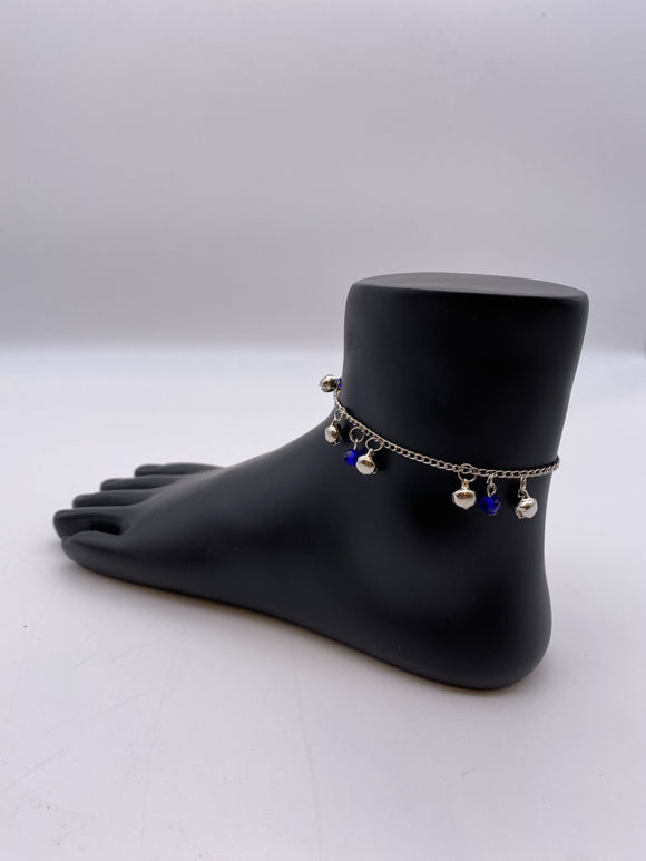 Kids Anklet in Silver Base Chain Ghungroo and Royal Blue Beads