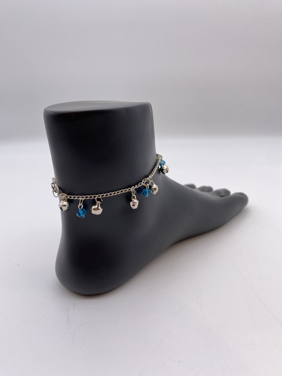 Kids Anklet Silver Base Chain and Ghungroo Bells with Sky Blue Ferozi Beads