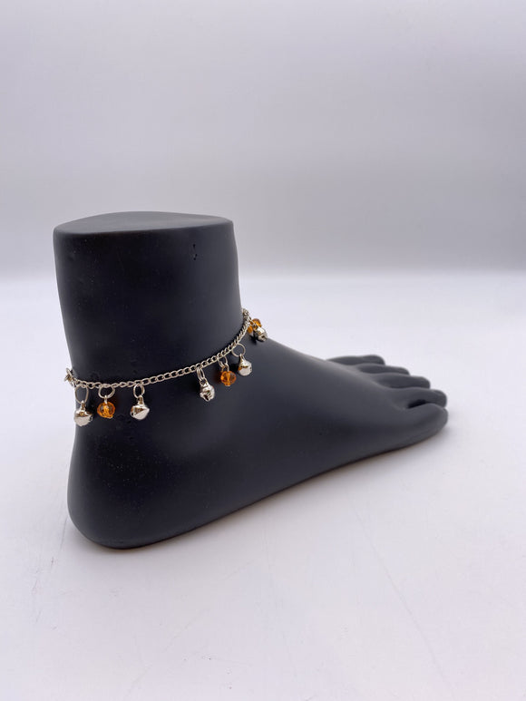 Kids Anklet - Silver Base Chain Ghungroo Bells Orange Beads