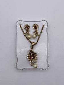 Kids Pendant Set in Gold Base and Maroon Rhinestones and Off-White Pearls with Earrings