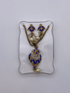 Kids Pendant Set with Royal Blue Rhinestones, White Pearls with Earrings