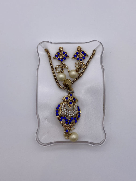 Kids Pendant Set with Royal Blue Rhinestones, White Pearls with Earrings