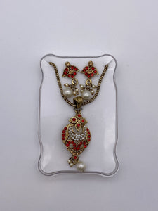 Kids Pendant Set with Red Rhinestones, White Pearls with Pendant and Small Earrings
