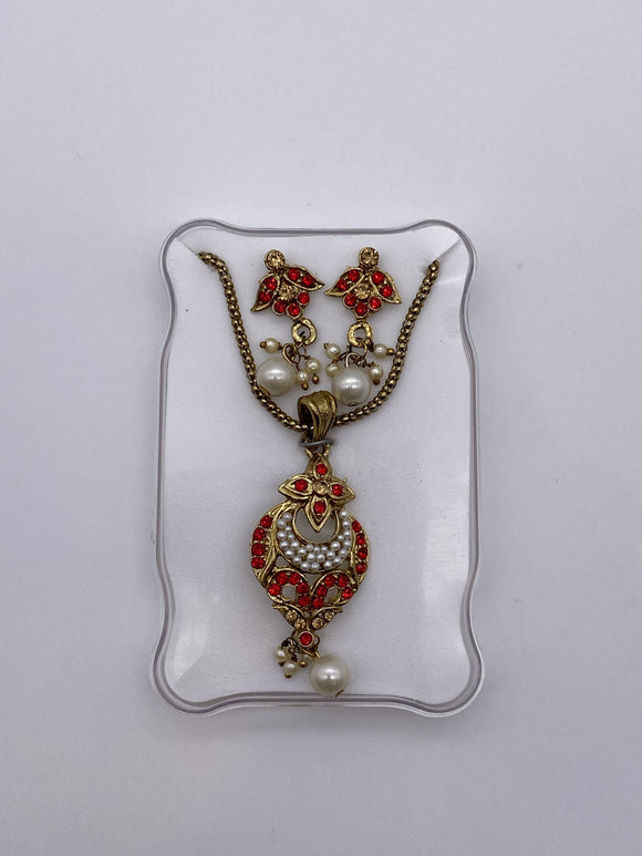 Kids Pendant Set with Red Rhinestones, White Pearls with Pendant and Small Earrings
