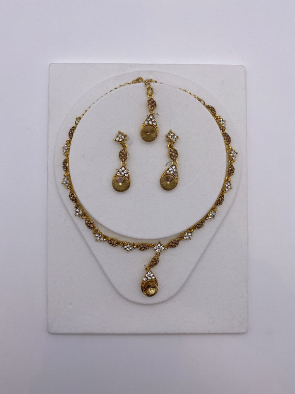 Kids Set in Gold Base, Silver and Antique Gold Rhinestones with Droplet Earrings and Tikka