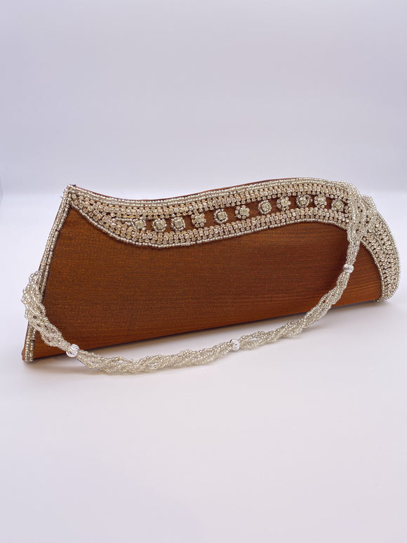 Party Clutch Bag - Fabiric Base in Brick Brown. Embellished with Silver Rhinestones and Transparent Beads. Comes with a Chain.