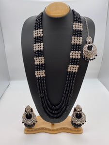 Black Beads Four-Strand Rani Haar - Mothi Maala Collection in Silver Base with Earrings and Tikka