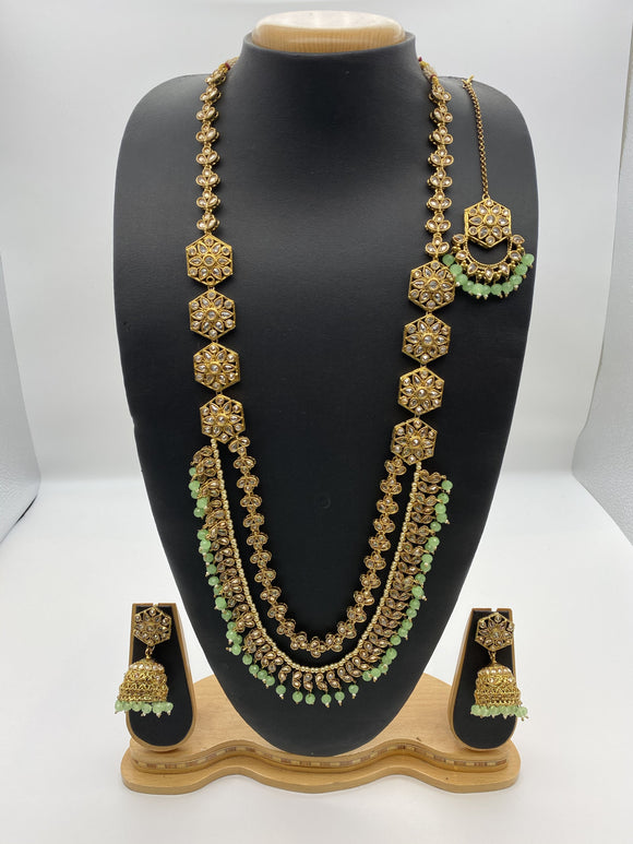 Rani Haar with mint Green Beads, Reverse A.D Stone in an Antique Gold Base, with Jhumki Earrings and Tikka - Khoobsurat Collection