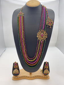Five Strand Rani Haar with Hot Pink Rhinestones, Multicoloured Crystal Beads, with Tikka, Jhumki Earrings and Sahareh - Mothi Maala Collection