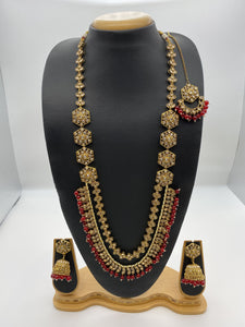 Rani Haar in Maroon Beads, Reverse A.D Stones in an Antique Gold Base - Includes Tikka, and Jhumar Earrings - Khoobsurat Collection