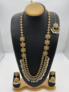 Rani Haar in White Pearls, Reverse A.D Stones in an Antique Gold Base - Includes Tikka, and Jhumar Earrings - Khoobsurat Collection