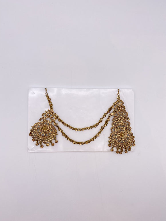 Sidepiece in Antique Gold Base and Silver Rhinestones with Tikka and Jhumar Connected