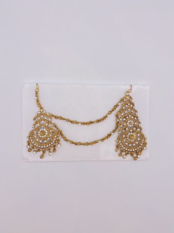 Sidepiece in Antique Gold Base and Silver Rhinestones with Tikka and Jhumar Connected Two Strands
