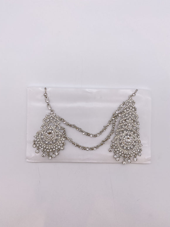 Sidepiece in Silver Base and Silver Rhinestones with Tikka Jhumar and Two Chains 12