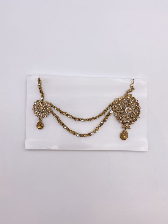 Sidepiece in Antique Gold Base and Silver Rhinestones with Tikka Jhumar and Two Chains 1