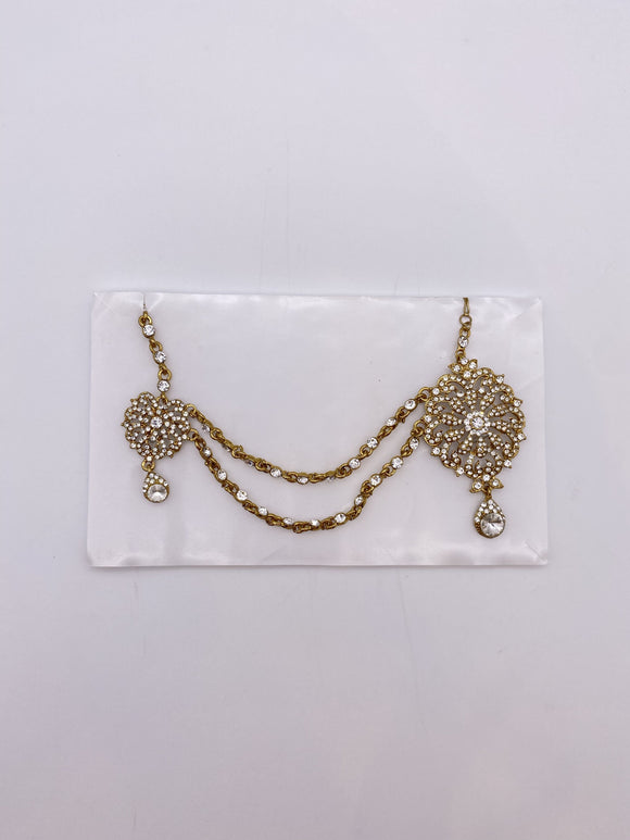 Sidepiece in Antique Gold Base and Silver Rhinestones with Tikka Jhumar and Two Chains 2