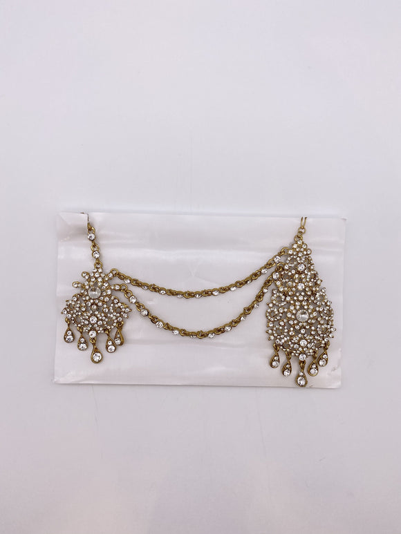 Sidepiece in Antique Gold Base and Silver Rhinestones with Tikka Jhumar and Two Chains 4