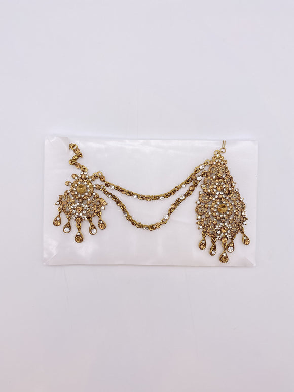 Sidepiece in Antique Gold Base and Silver Rhinestones with Tikka Jhumar and Two Chains 5
