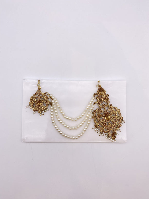 Sidepiece in Antique Gold Base and Silver Rhinestones with Tikka Jhumar and Three Off-White Pearl Chains