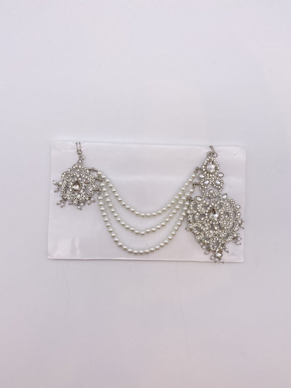 Sidepiece in Silver Base and Silver Rhinestones with Tikka Jhumar and Three Strands of White Pearls