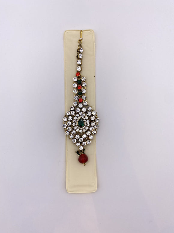 Tikka - Emeralrd Green & Red Rhinestones and Beads -  Gold Base