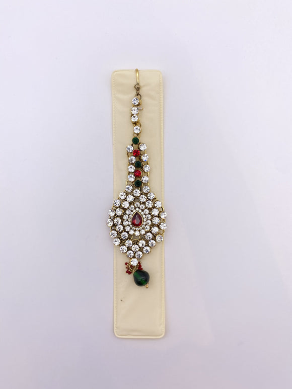 Tikka - Emeralrd Green & Red Maroon Rhinestones and Beads -  Gold Base
